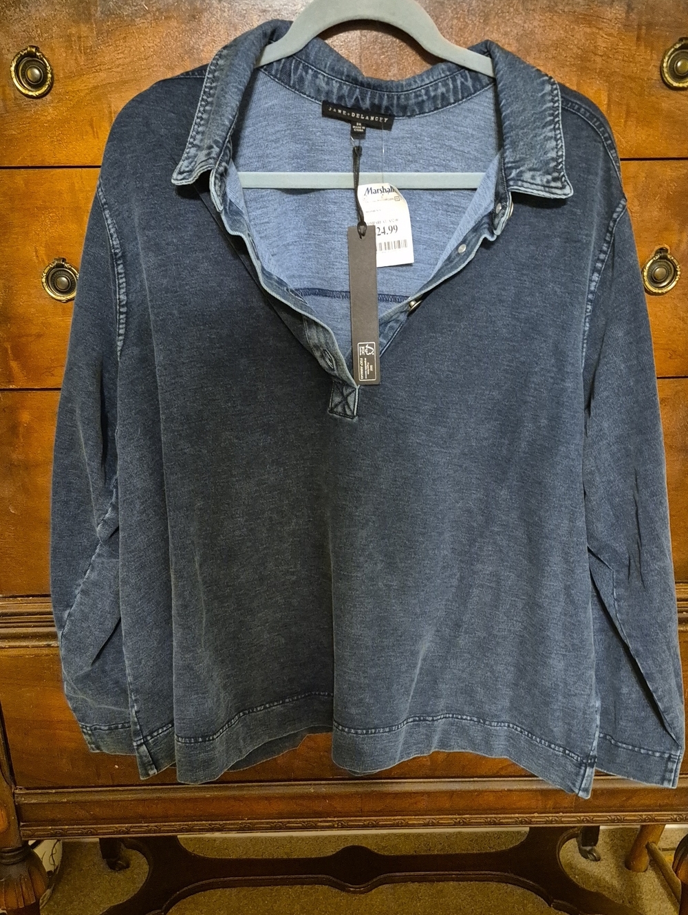 New Jane And Delancey 3x Washed Navy Polo-Style Long Sleeve Top